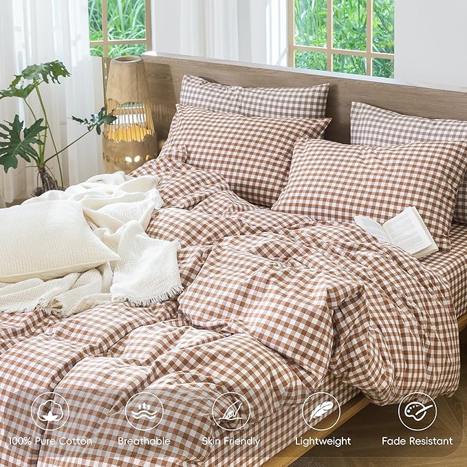 MooMee Gingham Duvet Cover Set 100% Washed Cotton Linen Like Textured Breathable Durable Soft Comfy Modern Checkered Design (Dark Orange Gingham, Twin 68"x90")