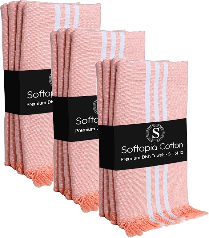 Prewashed Stripe Dish Towels 12 Pack, 16x26 Inches, 100% Cotton Kitchen Cloths, Quick Drying Wash Rags, Reusable and Absorbent, Washable Towels for Cleaning, Cooking - Light Orange