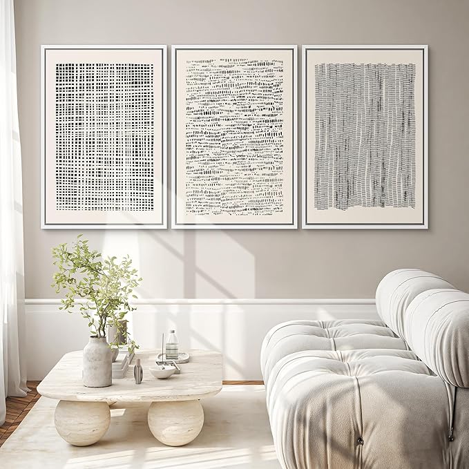 SIGNWIN Framed Canvas Print Wall Art Set Geometric Dark Black Grid Wave Pattern Abstract Shapes Cozy Neutral Modern Art Decorative Contemporary for Living Room, Bedroom, Office - 16"x24"x3 White