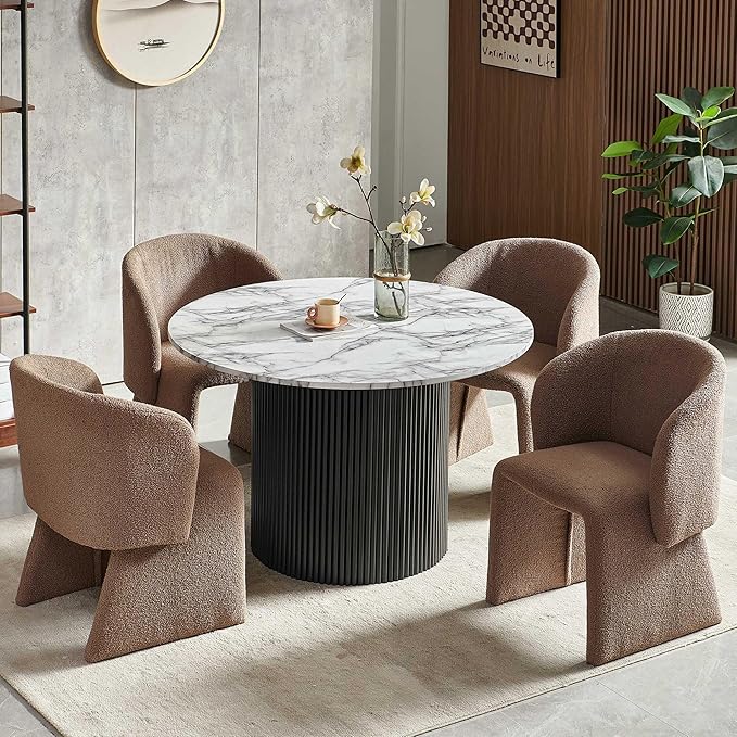NORDICANA 5-Piece Round Dining Table Set for 4, Modern 47-Inch Kitchen Table and Chair Set, Dining Set with Brown Upholstered Armchairs, Manufactured Wood Top with White Marble Effect Finish