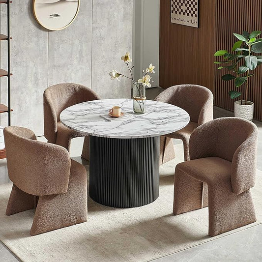 NORDICANA 5-Piece Round Dining Table Set for 4, Modern 47-Inch Kitchen Table and Chair Set, Dining Set with Brown Upholstered Armchairs, Manufactured Wood Top with White Marble Effect Finish
