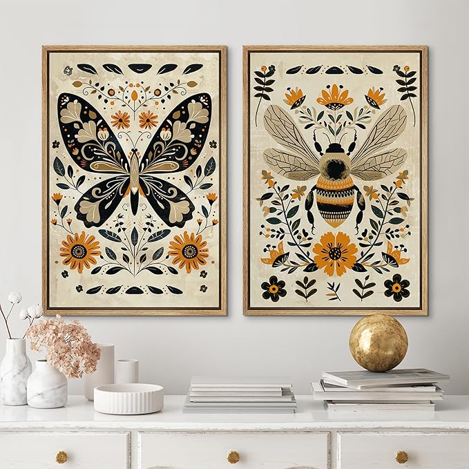 MUDECOR Framed Canvas Print Wall Art Set Butterfly Animals Botanical Bee llustrations Modern Art Decorative Bohemian Calm/Zen for Living Room, Bedroom, Office - 24"x36"x2 Natural
