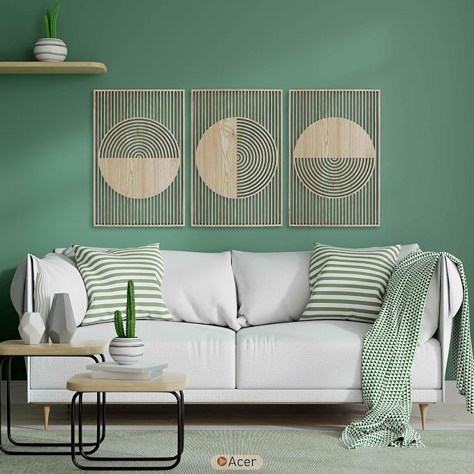 Boho Wood Wall Art Triptych, Abstract Geometric Wooden Panels, Mid Century Modern Scandinavian Decor, Large Statement New House Gift for Living Room and Bedroom