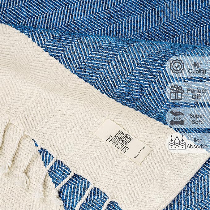 Hand Towels - Set of 2 | 18" x 30" - Decorative Turkish Hand Towel for Bathroom, Kitchen, Guest, Face, Hair, Tea, Dishcloth (Herringbone, Oil Blue)
