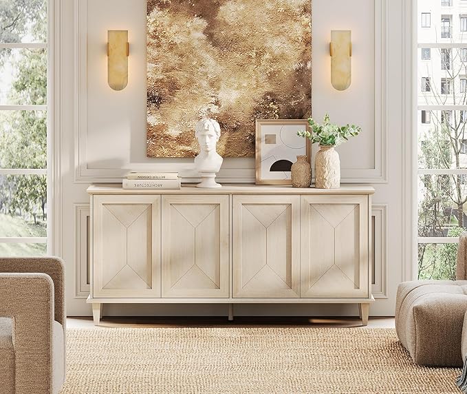 WAMPAT 65-inch Handcrafted Patchwork Decorative Buffet Cabinet with Pop-Up Design Doors,Full Unit Modern Farmhouse Accent Credenza for Coffee Bar, Kitchen, and Living Room, Light Oak