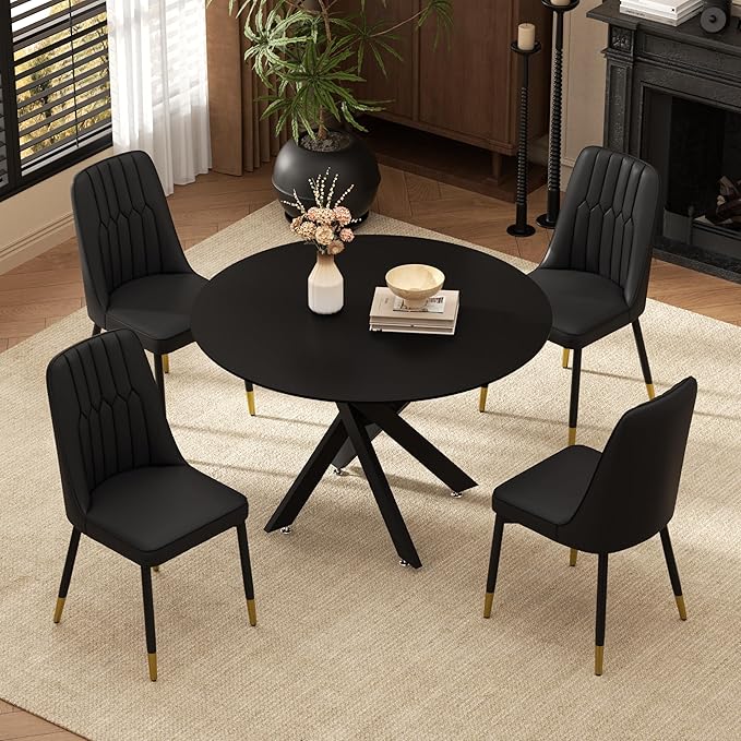 RGZ Mid Century Black Round Dining Table Set for 4, 36" Small Wooden Circle Kitchen Table & 4 Black PU Leather Kitchen Chairs, Dinner Table Set for Home, Apartment, Dining Room
