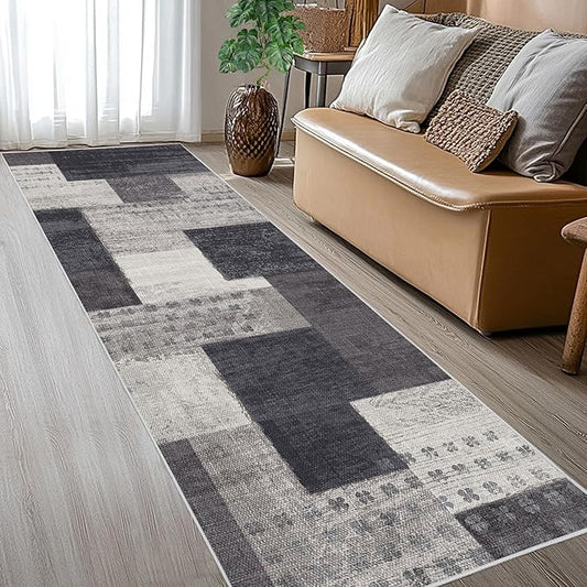 Modern Geometric Patchwork Indoor Runner Rug for Living Room, Charcoal 2.7'x 8' Rug Rockwood Collection Hardwood Floors Decor for Bedroom, Grey Throw Carpet for Office Entryway Dining Room