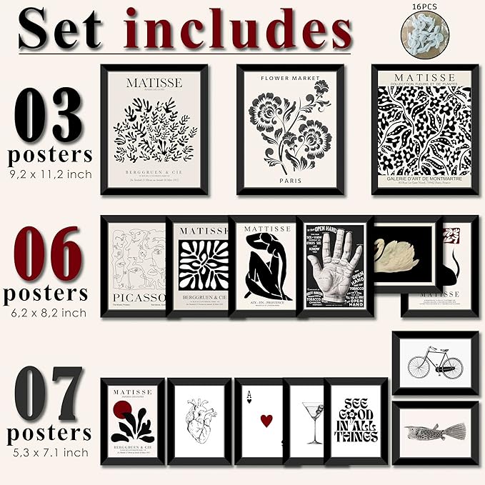 LANCHI95 16 PCS Black and White Home Decor, Eclectic Wall Art, Minimalist Posters for Living Room Aesthetic, Matisse Abstract Gallery Wall Prints for Bedroom, Collage Kit Pictures (FRAMED, Black Eclectic 1)