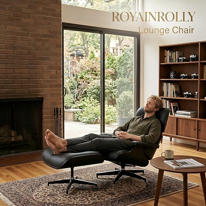 Mid Century Chaise Lounge Chair with Ottoman, Top Black Grain Leather, Modern Office Chair Classic Design, Heavy Duty Base Support for Living Room Study Lounge Office