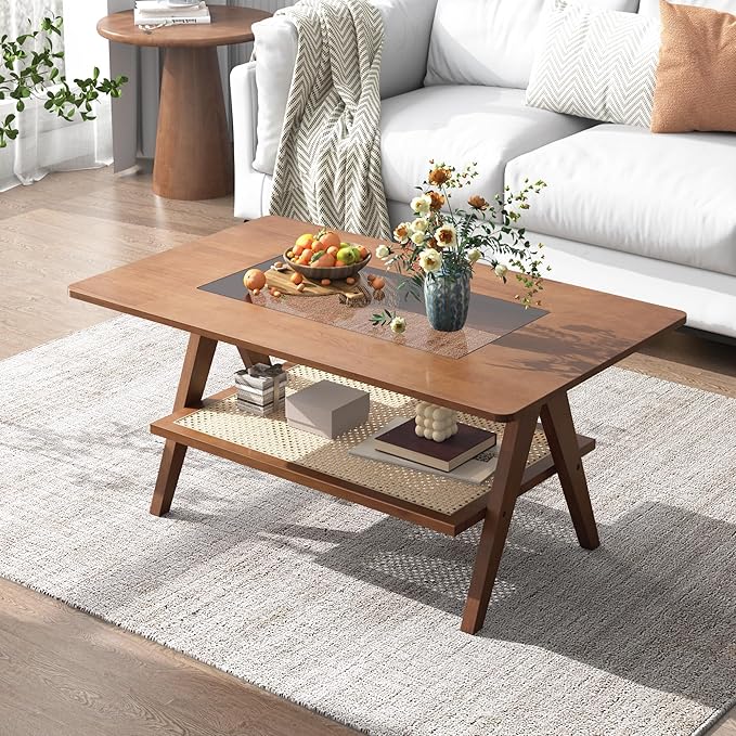 Mid Century Modern Coffee Table with Glass Top and Rattan Storage Shelf, Rectangular Walnut Wooden Coffee Table, Unique Center Tables for Living Room Apartment Home, 39.4 Inch