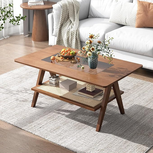Mid Century Modern Coffee Table with Glass Top and Rattan Storage Shelf, Rectangular Walnut Wooden Coffee Table, Unique Center Tables for Living Room Apartment Home, 39.4 Inch
