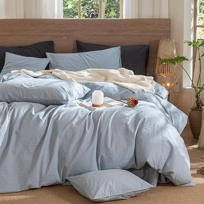 MooMee Wavy Striped Duvet Cover Set 100% Washed Cotton Linen Like Textured Breathable Durable Soft Comfy (Cornflower Blue, Super Queen 90"x98")