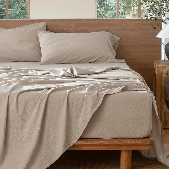 MooMee Bedding Sheet Set 100% Washed Cotton Linen Like Textured Breathable Durable Soft Comfy (Heathered Tannish Linen Grey, Twin XL)