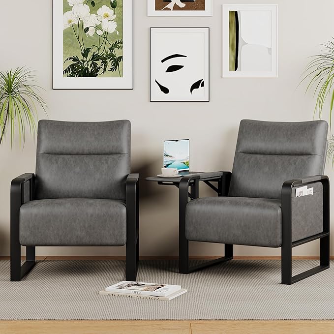 Upholstered Living Room Chair Armchair, Mid Century Faux Leather Metal Accent Chair, Reception Couch Office Guest Chair Slipper Club Lounge Single Sofa with Sidetable for Bedroom-Grey