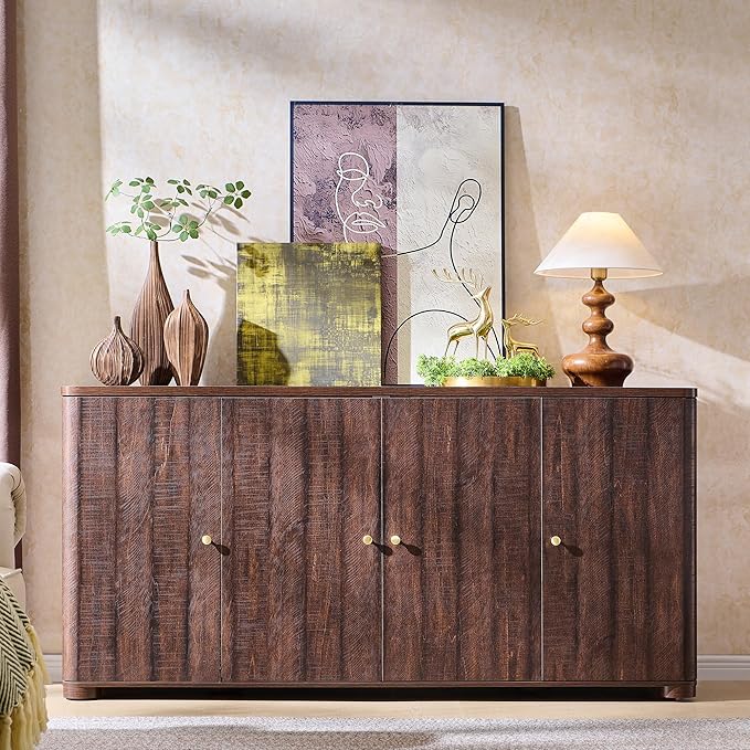 Curved Buffet Cabinet with Doors, 66" Large Sideboard Buffet Storage Cabinet with 4 Doors and Shleves, Modern Coffee Bar Station Wood Kitchen Table for Kitchen, Dining Room, Borwn
