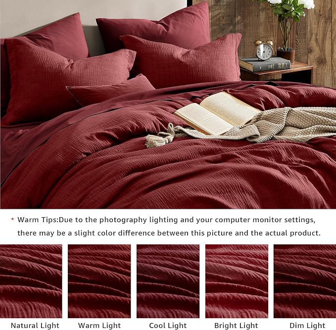 Geniospin King Comforter Set - 7 Pieces Comforter King Size, Soft Solid Bedding Set for All Season, Dark Red Textured Bed in a Bag with Sheets, Pillowcases & Shams