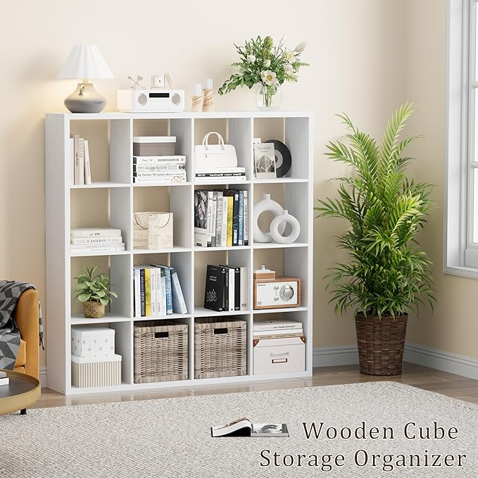 Cube Storage Organizer Bookcase, Decorative 11 inch Open Back Cubical Shelf with Thickened Border, Display Bookshelf for Living Room, Home Office, Sturdy Room (White, 16 Cube)