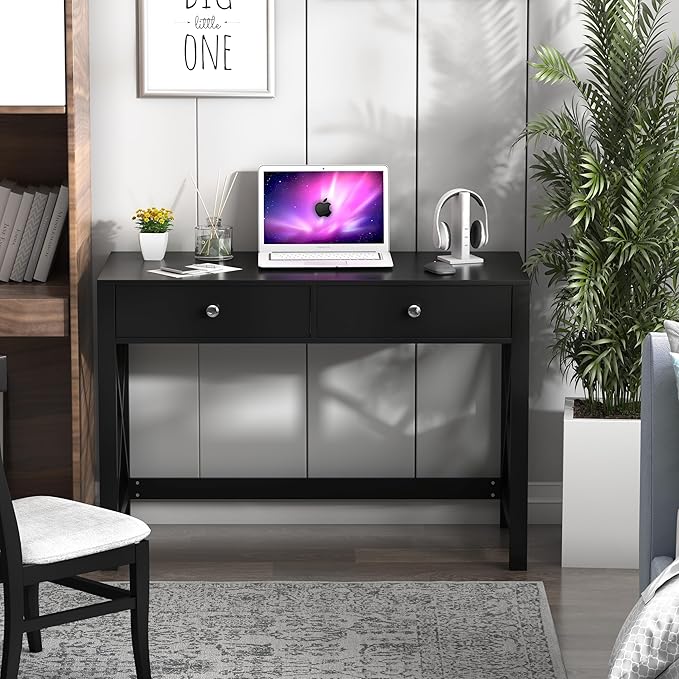 WiberWi Home Office Desk with Drawers, Modern Writing Computer Desk for Bedroom, Small Makeup Vanity Table Study Table for Home Office,Black