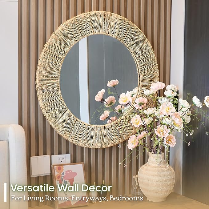 Chi An Home 24 Inch Natural Jute Mirror, Wall Mounted Round Mirror with Metal Frame, Wall Decor Rustic Farmhouse Boho Decor Accent for Bathroom, Bedroom, Living Room, or Entryway