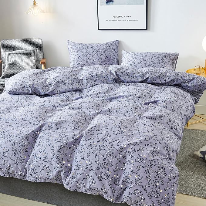 HoneiLife Duvet Cover King Size - 100% Cotton Comforter Cover Floral Duvet Cover Sets,Pale Purple Duvet Cover with Zipper Closure and Corner Ties,3pcs Wildflower Comforter Cover Sets- Lavender Grey