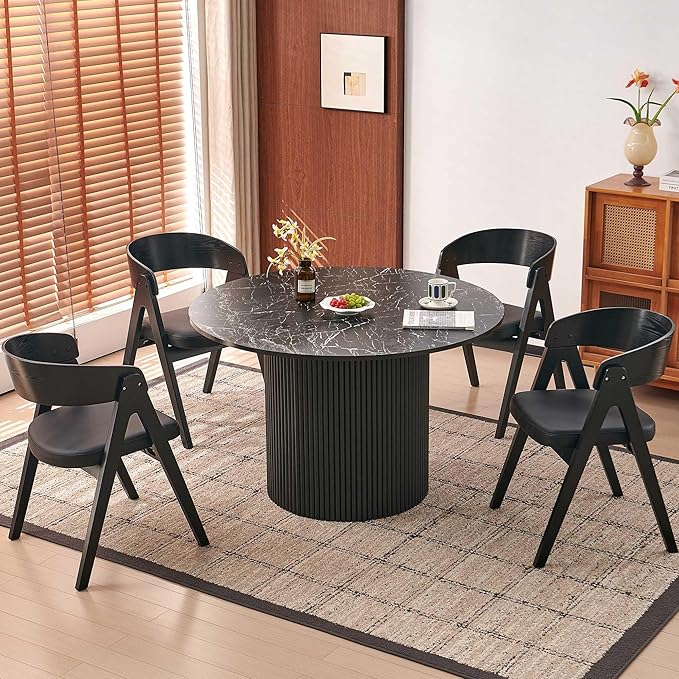 Howtek 47″ Round Dining Table Set for 4-6 People, 5 Piece Modern Kitchen Table with Faux Black Marble Wood Grain Finish & 4 PU Leather Upholstered Dining Chairs（Curved Backrest & Solid Wood Legs ）