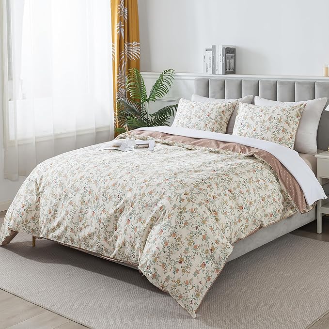 HoneiLife Botanical Duvet Cover Queen - 100% Cotton Comforter Cover Sets, Floral Duvet Cover Sets,Wildflower Bedlinen Set with Zipper Closure & Corner Ties