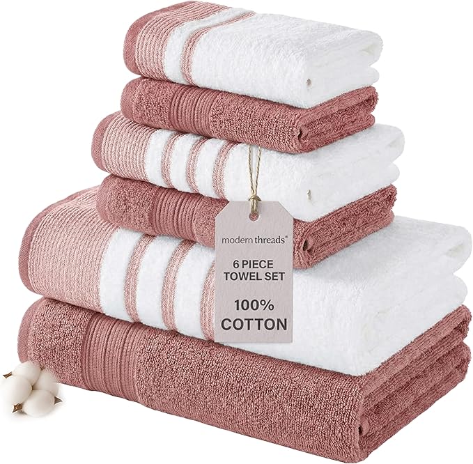 Modern Threads 6-Piece Towel Set – 100% Cotton, Quick Dry, Ultra Absorbent – Includes 2 Bath, 2 Hand, 2 Washcloths (White/Reinhart Rose)