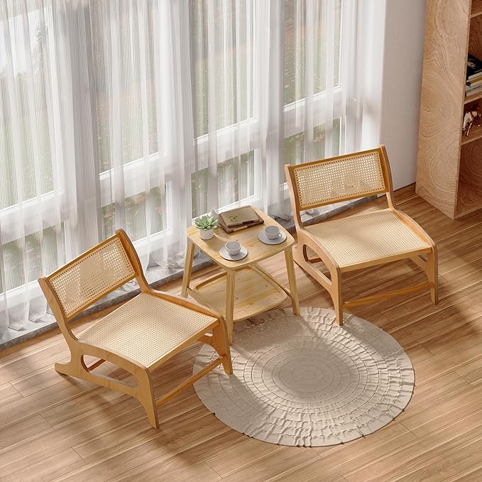 Chogori Mid Century Modern Wooden Lounge Chair Armless Rattan Accent Chair Lightweight Boho Style Seating Comfortable Single Chair for Living Room, Bedroom, or Patio (Natural-Oak, Set of 2)