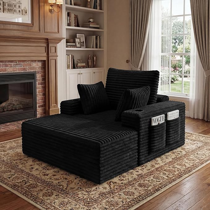 85" Oversized Chaise Lounge Chair Convertible 2-in-1 Boneless Sleeper Couch Bed Indoor Comfy Cloud Corduroy Reading Armchair sofa with Storage Pockets&Cup Holders for Bedroom,Living Room,Black