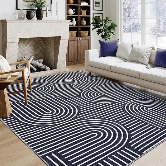 Area Rug 8x10 Washable Modern Geometric Lines Rug Low Pile Soft Bedroom Carpet Non Slip Non Shed Living Room Accent Carpets Ultra-Thin Foldable Boho Carpet for Playroom Farmhouse Dining, Blue