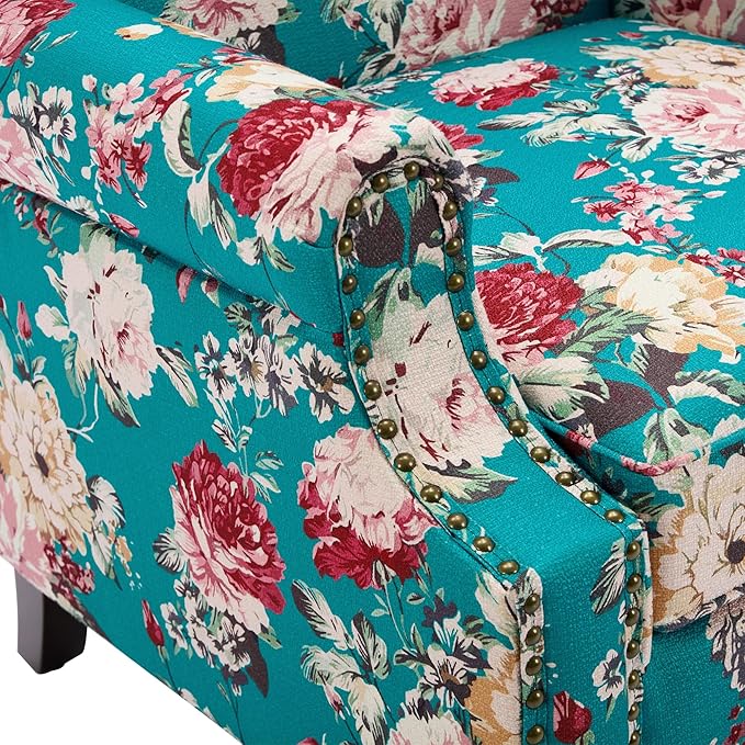 High Back Floral Accent Chair - Retro Wingback Upholstered Armchair with Nailhead Trim, Solid Wood Legs, Fabric Living Room Bedroom Reading Chair (Peacock Blue)