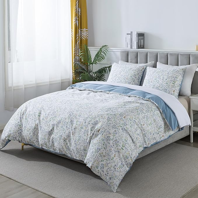 HoneiLife Cotton Duvet Cover King - Floral Comforter Cover 3-PC, Flower Bedlinen Set with Zipper Closure & Corner Ties, Wildflower Comforter Cover Sets All Season Use