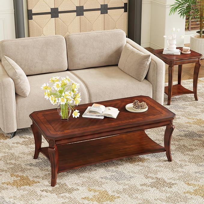 LEEMTORIG Vintage Wood Coffee Table for Living Room, 47 inches Rectangular 2-Tier Coffee Tables with Storage Shelf, Traditional Mid Century Queen Anne Style Cocktail Table, Cherry Walnut KFZ-A1168-WD
