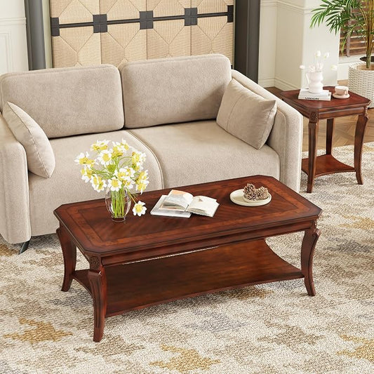 LEEMTORIG Vintage Wood Coffee Table for Living Room, 47 inches Rectangular 2-Tier Coffee Tables with Storage Shelf, Traditional Mid Century Queen Anne Style Cocktail Table, Cherry Walnut KFZ-A1168-WD
