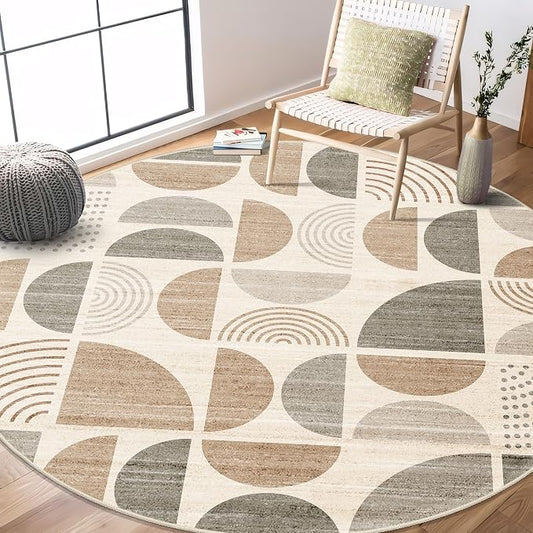 MUJOO Round Rugs 6ft,Circle Area Rug Washable,Circular Rugs for Living Room Dining Room,Large Boho Non Slip Throw Floor Carpet Modern Abstract Bohemian Neutral Beige