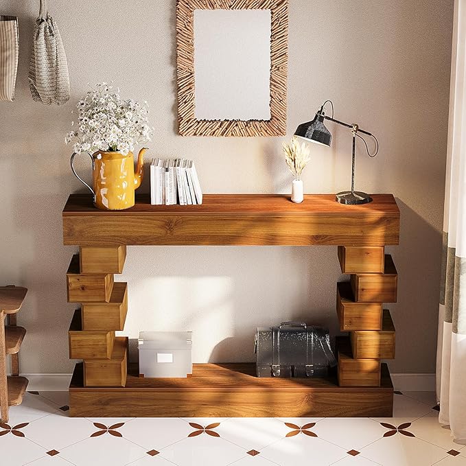 Wood Console Table, 47.24" Retro Long Boho Sofa Table Behind Couch with Geometric Block Stacked Design, Wooden Narrow Sofa Table Hall Table for Living Room Foyer Entrance Entryway, Brown