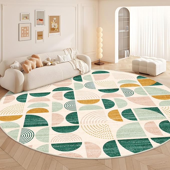 MUJOO Round Rugs 9ft,Circle Area Rug Washable,Circular Rugs for Living Room Dining Room,Large Boho Non Slip Throw Floor Carpet Modern Abstract Sage Green