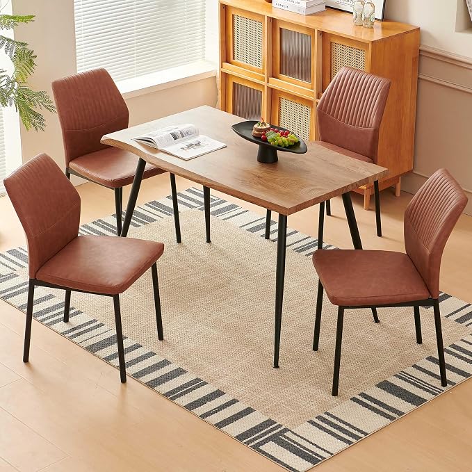 Dining Table Set for 4, Modern Wood Irregular Rectangle Dining Table,Leather Dining Chairs 4,Table and Chairs Set of 4 for Kitchen Dining Room, Brown