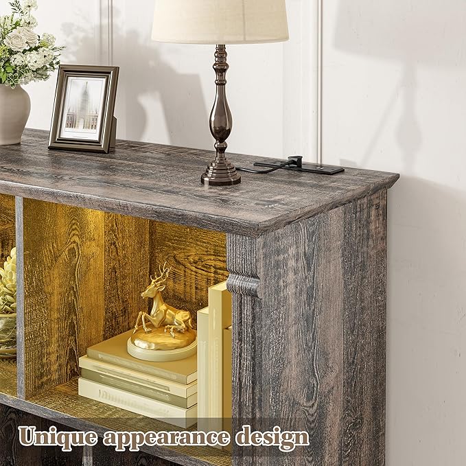 EnHomee 10 Cube Storage Organizer with LED Light and Charging Station Wood Cube Shelf Display Cabinet for Bedroom, Living Room, Office, Black Oak