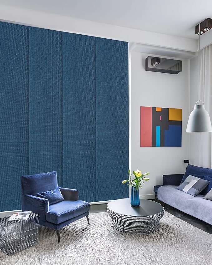 GoDear Design Adjustable Vertical Blinds for Sliding Glass Doors 45.8"- 86" W x 96" H, Extendable Sliding Panel Track Blinds for Windows, Blue Shimmering Trimmable Fabric Panels, Semi-Sheer, Sapphire