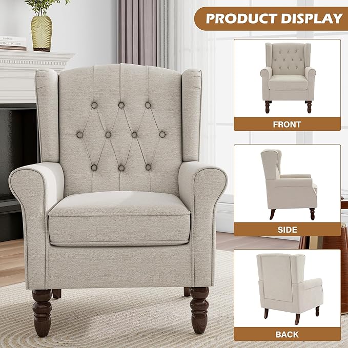 Mid-Century Modern Wingback Accent Chair - Plush Upholstered Lounge Chair with Solid Oak Legs, Ergonomic High Back Design for Living Room, Bedroom & Home Office - Retro Reading Armchair Grayish Beige
