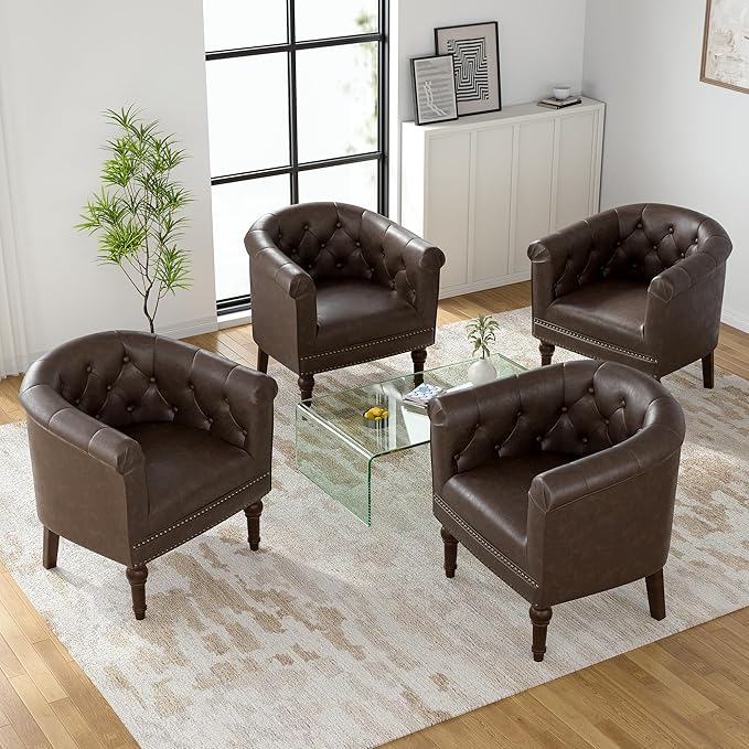 UIXE PU Leather Barrel Club Chairs Set of 4, Modern Arm Accnet Chair Comfy Upholstered Armchair, Nailhead Trim Living Room Single Sofa Reading Seat Bedroom Side Sitting for Office, Chocolate