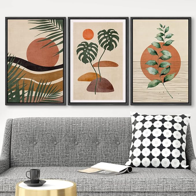 wall26 Framed Canvas Print Wall Art Set Boho Mid-Century Tropical Plant Collage Abstract Shapes Digital Art Modern Art Decorative Minimal Relax/Zen for Living Room, Bedroom, Office - 16"x24"x3 Black