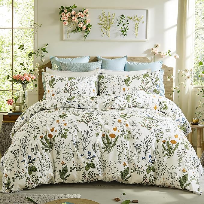 Duvet Cover King Size - 100% Cotton Reversible Floral King Duvet Cover Set with Zipper Closure, 3 Pieces Soft & Breathable Green Bedding Set for All Seasons
