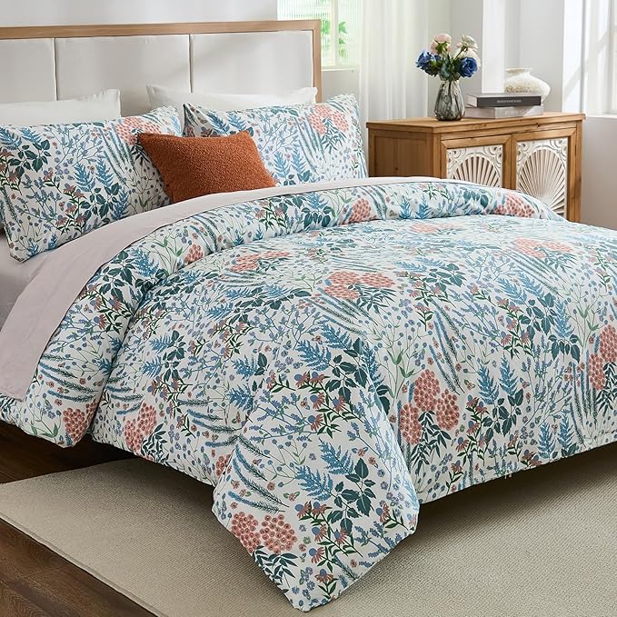 Cozeline 100% Cotton Duvet Cover King Size, Blue and Red Floral Bedding Set with Zipper Closure, 3 Pcs Breathable and Soft Botanical Duvet Cover for All Season