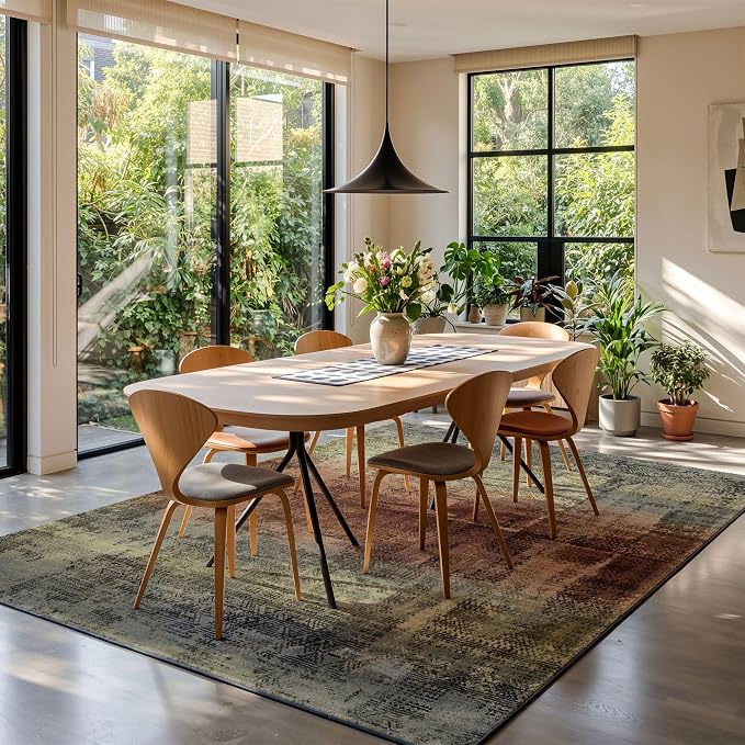 Kokia Abstract Area Rugs 9x12 Bedroom Washable Decor Low Pile Non-Slip Non-Shedding Indoor Carpet Foldable Stain Resistant Floor Mat Living Room Dining Room, Warm Brown and Dark Sage Green