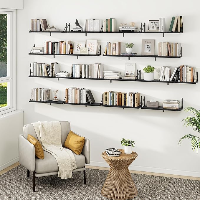 Heimlove Floating Book Shelves for Wall,23.6 Inches Wall Bookshelf Mounted Display&Storage Wood Shelves for Kitchen Bathroom Laundry Living Room,Set of 3,Black