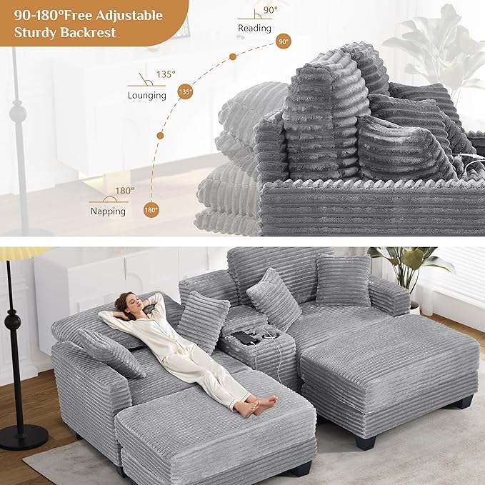 Oversized Chaise Lounge Chair Indoor with Storage & USB, Cup Holder & Ottoman, Firm Solid Wood Frame with Long Service Life Corduroy Oversized Lounge Reading Chair for Large Study Room - Light Grey