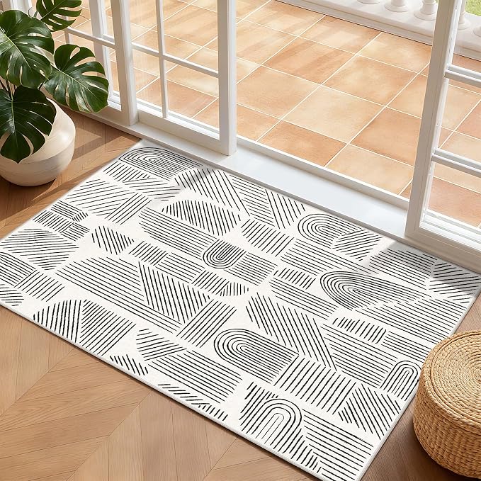 MUJOO 2x3 Washable Rug,Mid Century Modern Abstract Non Slip Low Pile Small Area Rug,White and Black Rug for Entryway Bathroom Kitchen Bedroom