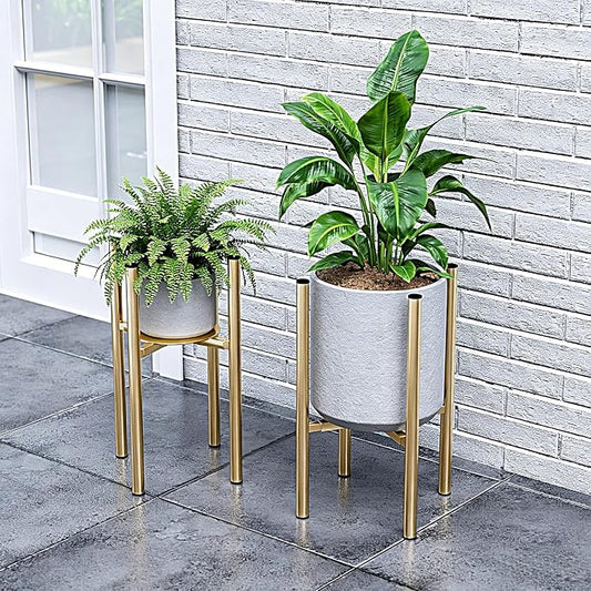 Adjustable Metal Plant Stand Indoor, Fits 8-14 Inch Pots, Mid Century Modern Gold Planter Holder,2 Heights, Heavy Duty 160 lb, Indoor Outdoor Corner Floor Pot Stand, Golden with Round Plate 2 Pack